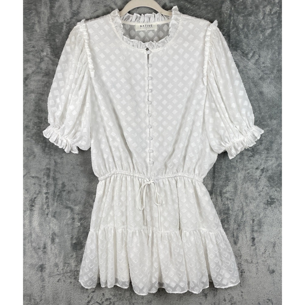 Native Daughters Dress Large White Bohemian Cottagecore Mini Puff Sleeve Ruffled
